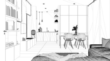 Taslak taslağı, minimalist oturma odası ve mutfak, beton fayanslar, kanepe, yemek masası, sandalyeler, ahşap kitaplık ve dolaplar, sürgülü kapı, mimari iç tasarım