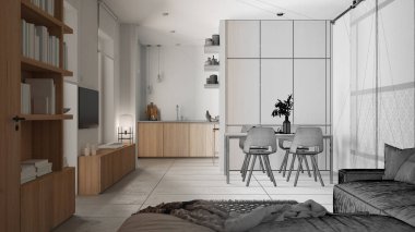 Mimari iç mimar konsepti: gerçek hale gelen el yapımı taslak proje, oturma odası ve mutfak, kanepe, masa, sandalye, ahşap kitaplık ve dolaplar, sürgülü kapı rafları