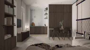 Modern minimalist oturma odası ve mutfak koyu tonlarda, beton fayanslar, kanepe, yemek masası, sandalyeler, ahşap kitaplık ve dolaplar, kumaş sürgülü kapı, mimari iç tasarım