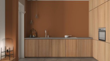 Turuncu tonlarda modern minimalist ahşap mutfak, çelik muslukla batmak, esrar, fırın, cam lambalı bank, mermer tavan ve beton fayanslar, pencere, rahat iç tasarım.