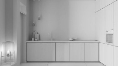 Tamamen beyaz proje taslağı, modern minimalist ahşap mutfak, çelik muslukla batmak, esrar, fırın, cam lamba, mermer tavan ve beton fayanslar, pencere, rahat iç tasarım.