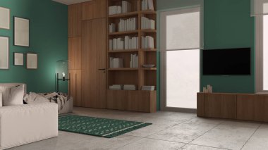 Modern minimalist oturma odası turkuaz tonlarda, beton fayanslar, kanepe ve halı, zemin cam lamba, çerçeve modeli, ahşap kitaplık ve dolaplar, pencereler, iç mimari tasarım