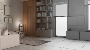 Mimari iç mimar konsepti: gerçek hale gelen el yapımı taslak proje, oturma odası, kanepe, halı, cam lamba, çerçeve modeli, ahşap kitaplık ve dolap, pencereler