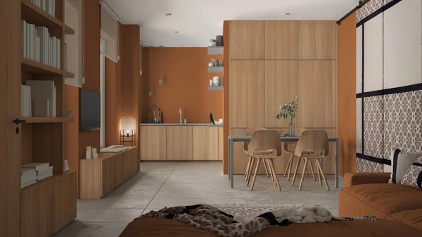 Modern Minimalistisk Vardagsrum Och Kök Orange Toner Betongplattor Soffa Matbord — Stockfoto