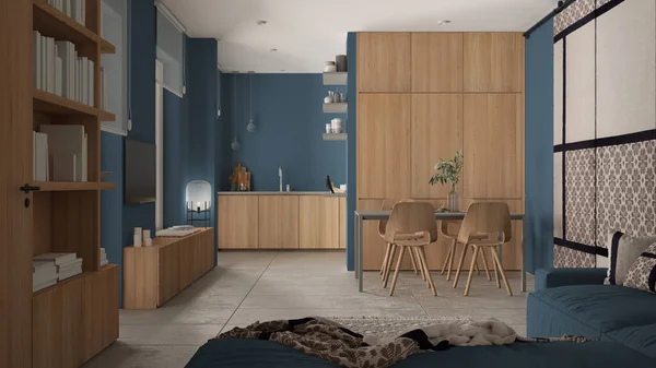 Modern Minimalistisk Vardagsrum Och Kök Blå Toner Betongplattor Soffa Matbord — Stockfoto
