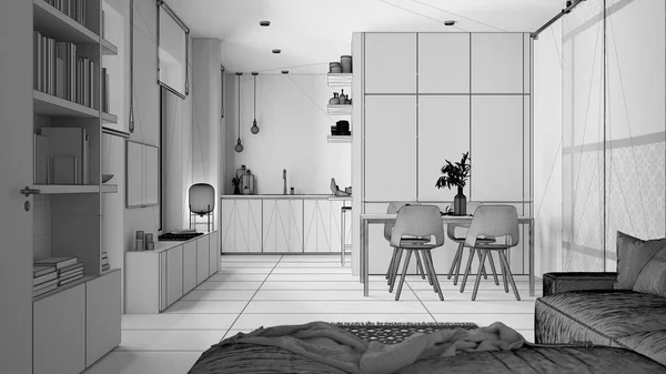Unfinished Project Draft Minimalist Living Room Kitchen Concrete Tiles Sofa — Stock Photo, Image