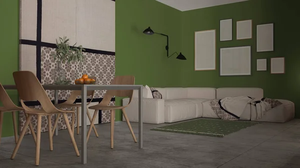 Minimalist Cozy Living Dining Room Green Tones Modern Table Wooden — ストック写真