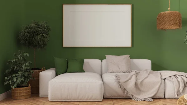 Wooden Scandinavian Living Room Close Green Tones Frame Mockup Copy — Stock Photo, Image