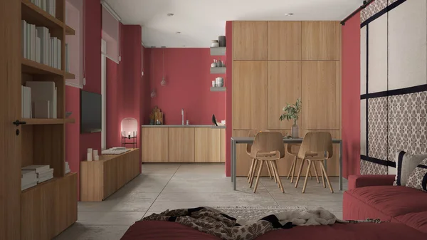 Modern Minimalist Living Room Kitchen Red Tones Concrete Tiles Sofa — ストック写真