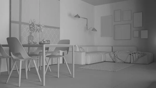 Insgesamt Weißer Projektentwurf Minimalistisches Gemütliches Wohn Und Esszimmer Moderner Tisch — Stockfoto