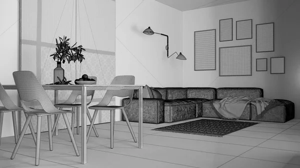 未完成的项目草案 简约舒适的客厅和餐厅 配有木制椅子的现代桌子 地毯和织物滑动门 带有复制空间的框架模型 室内设计 — 图库照片
