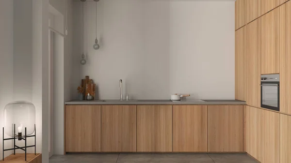Modern Minimalist Ahşap Mutfak Beyaz Tonlarda Çelik Muslukla Batar Esrar — Stok fotoğraf
