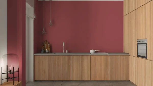 Modern Minimalist Wooden Kitchen Red Tones Sink Steal Tap Induction — стоковое фото