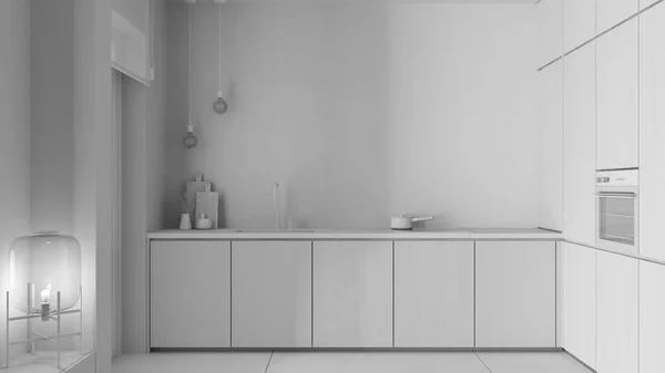 Totaler Weißer Projektentwurf Moderne Minimalistische Holzküche Spüle Mit Wasserhahn Induktionsherd — Stockfoto