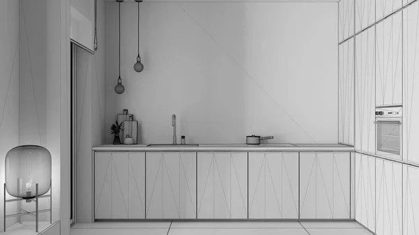 Unfinished Project Draft Μοντέρνα Μινιμαλιστική Ξύλινη Κουζίνα Νεροχύτης Κλεψιά Επαγωγικές — Φωτογραφία Αρχείου
