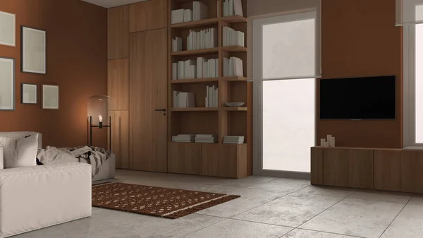 Modern Minimalist Living Room Orange Tones Concrete Tiles Sofa Carpet — стоковое фото
