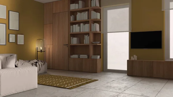 Modern Minimalist Living Room Yellow Tones Concrete Tiles Sofa Carpet — Stock Photo, Image