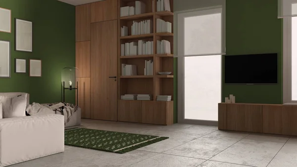 Modern Minimalist Living Room Green Tones Concrete Tiles Sofa Carpet — стоковое фото