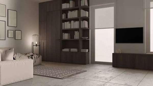 Moderna Sala Estar Minimalista Tons Escuros Telhas Concreto Sofá Carpete — Fotografia de Stock