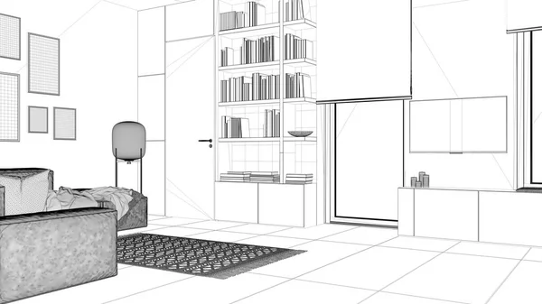 Blueprint Projektskizze Modernes Minimalistisches Wohnzimmer Betonfliesen Sofa Teppich Glaslampe Gestell — Stockfoto