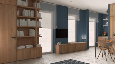 Mavi tonlarda modern minimalist oturma odası, beton fayanslar, ahşap kitaplık ve kitaplı dolaplar, televizyon standı, tekerlekli jaluzili pencereler, çağdaş iç mimari tasarım