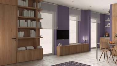 Mor tonlarda modern minimalist oturma odası, beton fayanslar, ahşap kitaplık ve kitaplı dolaplar, televizyon standı, paten körü olan pencereler, çağdaş iç mimari tasarım