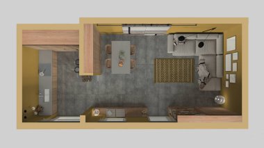 Sarı tonlarda modern minimalist oturma odası ve mutfak, beton fayanslar, kanepe, yemek masası, sandalyeler, kitaplık ve dolaplar, mimari iç tasarım. Üst görünüm, plan, yukarıda