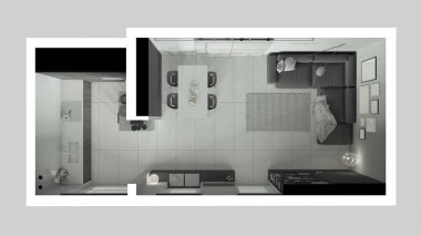 Tamamen beyaz proje taslağı, modern minimalist oturma odası ve mutfak, fayanslar, kanepe, yemek masası, sandalyeler, kitaplıklar, dolaplar, mimari iç tasarım. Üst görünüm, plan, yukarıda