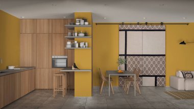 Modern minimalist oturma odası ve mutfak sarı tonlarda, beton fayanslar, kanepe, yemek masası, sandalyeler, tabureli ada, ahşap dolaplar, sürgülü kapı, iç mimari tasarım