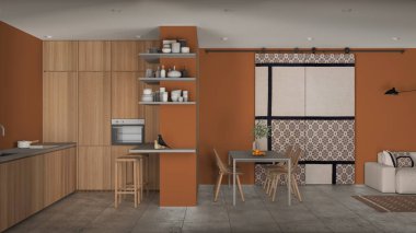 Modern minimalist oturma odası ve mutfak turuncu tonlarda, beton fayanslar, kanepe, yemek masası, sandalyeler, tabureli ada, ahşap dolaplar, sürgülü kapı, iç mimari tasarım