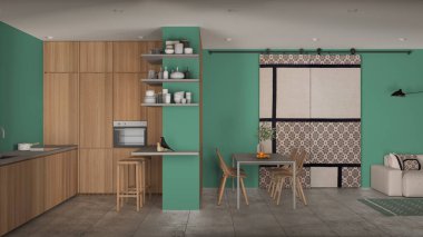 Modern minimalist oturma odası ve mutfak turkuaz tonlarda, beton fayanslar, kanepe, yemek masası, sandalyeler, ada, tabureler, ahşap dolaplar, sürgülü kapı, mimari iç tasarım
