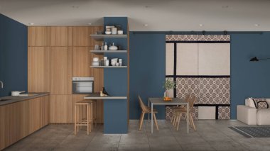 Modern minimalist oturma odası ve mutfak mavi tonlarda, beton fayanslar, kanepe, yemek masası, sandalyeler, tabureli ada, ahşap dolaplar, sürgülü kapı, iç mimari tasarım