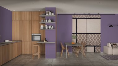 Modern minimalist oturma odası ve mutfak mor tonlarda, beton fayanslar, kanepe, yemek masası, sandalyeler, tabureli ada, ahşap dolaplar, sürgülü kapı, iç mimari tasarım