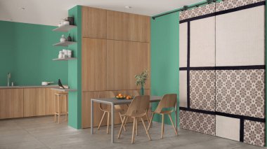 Minimalist ahşap yemek odası ve turkuaz tonlarda mutfak, beton fayanslar, sandalyeli masa, ahşap dolaplar ve raflar, kumaş sürgülü kapı. Mimari iç tasarım