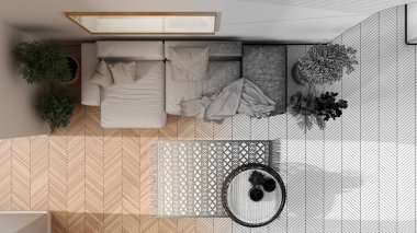 Mimari iç mimar konsepti: gerçek, oturma odası, parke, kanepe, halı, rattan masa, saksı bitkisi haline gelen el çizimi tamamlanmamış proje. Üst görünüm, plan, yukarıda