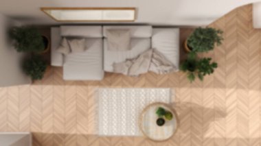 Bulanık arka plan, İskandinav oturma odası, ringa kemiği parke zemin, kanepe, halı, lamba, rattan masa, saksı bitkileri ve dekorlar. Modern iç tasarım, üst görünüm, plan, yukarıda