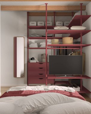 Dolabı kırmızı tonlarda modern minimalist yatak odası. Kapalı, yorgan ve yastıklı yatak. Ayna, çekmeceler, askılar, raflar ve raflar. Çağdaş iç tasarım