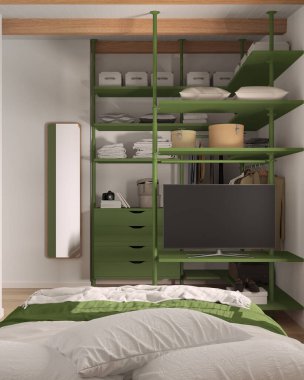 Modern minimalist yatak odası yeşil tonlarda, gömme dolap, yatak, yorgan ve yastıklar. Ayna, çekmeceler, askılar, raflar ve raflar. Çağdaş iç tasarım