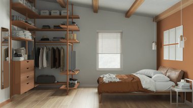 Turuncu tonda modern minimalist bir yatak odası. Dolap, parke döşeme, ahşap kirişler tavan yorgan ve yastıklı yatak. Pencere, perdeler, dekorlar. Çağdaş iç tasarım