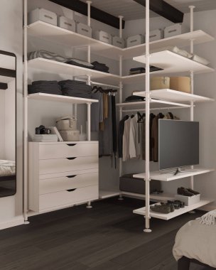 Modern minimalist yatak odası karanlık tonlarda dolaba girer. Ayna, parke zemin, çekmeceler ve raflar. Elbiseler, kutular ve ayakkabılar. Çağdaş iç tasarım