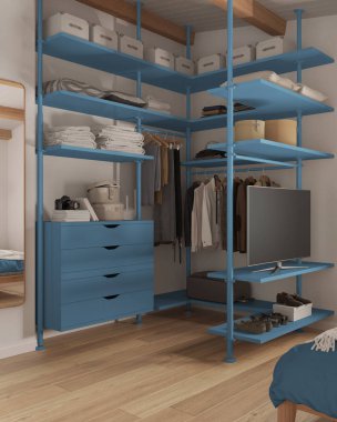 Modern minimalist yatak odası dolapta mavi tonlarda yürüyor. Ayna, parke zemin, çekmeceler ve raflar. Elbiseler, kutular ve ayakkabılar. Çağdaş iç tasarım
