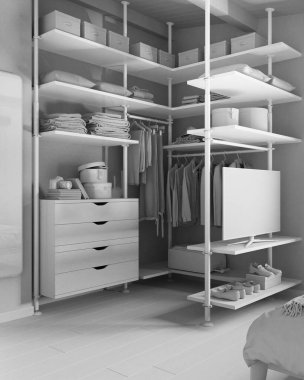 Tamamen beyaz proje taslağı, modern minimalist yatak odası dolapta yürüyor. Ayna, parke zemin, çekmece sandığı. Elbiseler, kutular ve ayakkabılar. Çağdaş iç tasarım