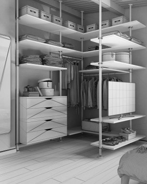 Tamamlanmamış proje taslağı, modern minimalist yatak odası dolabı kapanıyor. Ayna, parke zemin, çekmece sandığı. Elbiseler, kutular ve ayakkabılar. Çağdaş iç tasarım