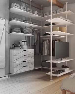 Mimar iç mimar konsepti: elle çizilmiş tamamlanmamış proje gerçeğe dönüşüyor, yatak odası dolabı kapanıyor. Ayna, parke, çekmece sandığı. Elbiseler, ayakkabılar.