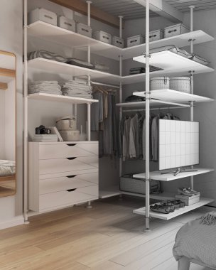 Mimar iç mimar konsepti: elle çizilmiş tamamlanmamış proje gerçeğe dönüşüyor, yatak odası dolabı kapanıyor. Ayna, parke, çekmece sandığı. Elbiseler, ayakkabılar.