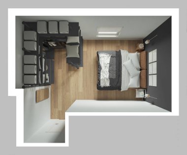 Gri tonlu modern minimalist yatak odası. Dolap, parke döşeme, yorgan ve yastıklı yatak. Panjurlu, dekorlu bir pencere. Manzara, plan, yukarısı. Çağdaş iç tasarım