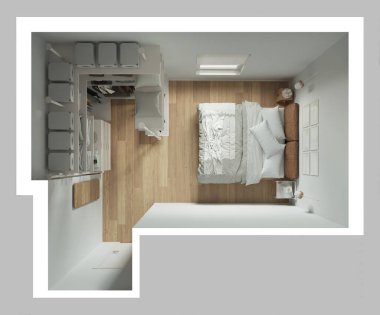 Beyaz tonda modern minimalist bir yatak odası. Dolabı, parke döşemesi, yorganı, yastığı var. Panjurlu, dekorlu bir pencere. Manzara, plan, yukarısı. Çağdaş iç tasarım