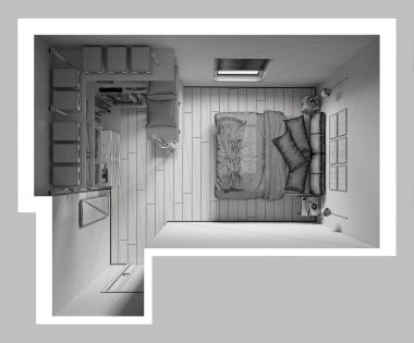 Tamamlanmamış proje taslağı, dolap, parke döşeme, yorgan ve yastıklı modern minimalist yatak odası. Pencere, perdeler. Manzara, plan, yukarısı. Çağdaş iç tasarım