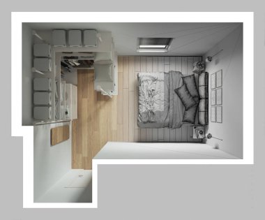 Mimari iç mimar konsepti: bitirilmemiş el yapımı taslak proje gerçeğe dönüşüyor, dolap, parke, yorgan ve yastıklı yatak odası. Üst görünüm, plan, yukarıda