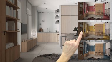 Mimari tasarım konsepti, konforlu ahşap mutfak, farklı seçeneklerde oturma ve yemek odası renkleri, iç tasarım projesi taslağı, renk seçici, malzeme örneği